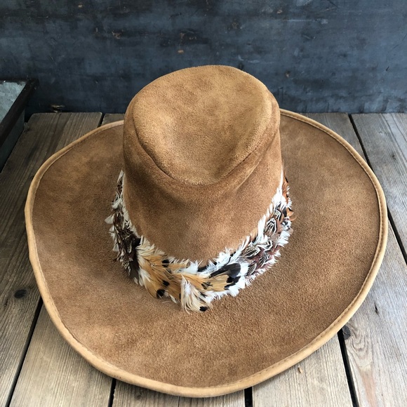 Vintage Accessories - Vintage Southwestern Suede Feathered Cowboy Hat